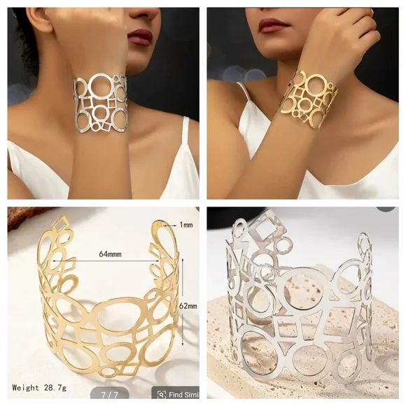 Cuff Bracelet 14K Gold Plated Art Deco Geometric Design - Picture 5 of 8